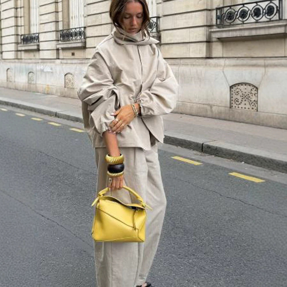 Damen Zweiteiliges Oversize-Hosenanzug-Set mit asymmetrischem Stehkragen Shop Nory