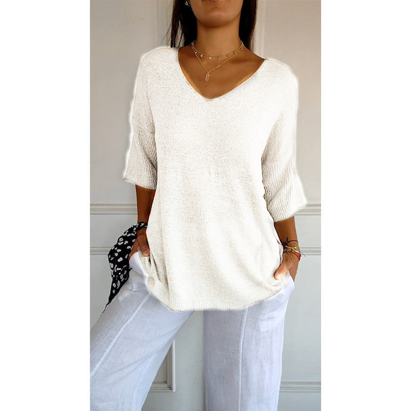 Damen nan locker sitzender V-Ausschnitt Feinstrickpullover mit dreiviertelÄrmeln Shop Nory