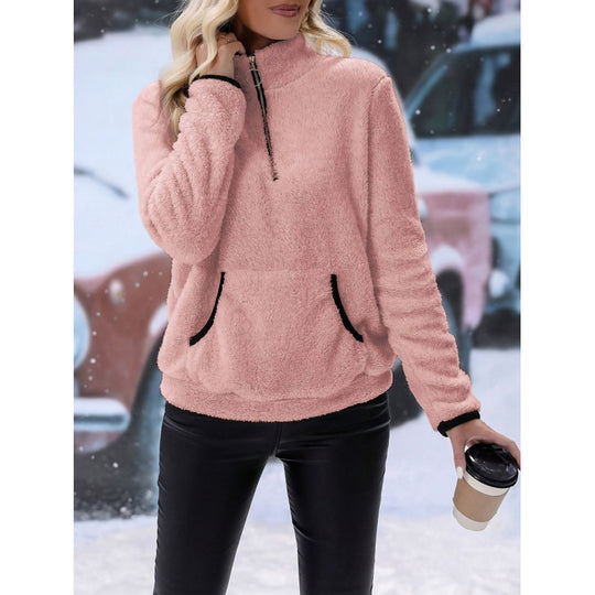 Damen flauschiger Fleece-Kuschelpullover mit halbem Reißverschluss, Kängurutasche und Stehkragen Shop Nory