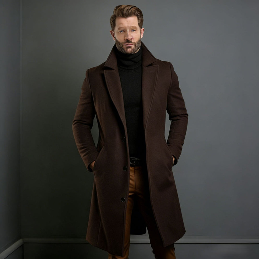 Herren Eleganter einreihiger Langmantel aus Wollmix mit schmaler Silhouette und Reverskragen Shop Nory