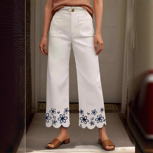 Damen Hochtaillierte Cropped‑Palazzohose mit floraler Stickerei und Wellensaum Shop Nory