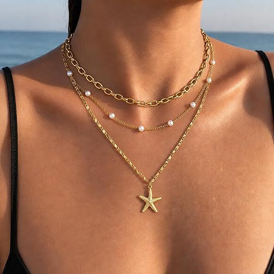 Damen Halskette mit mehrlagigem Design und maritimem Sternanhänger Shop Nory