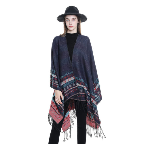 Damen Wollmix-Kimono-Poncho mit Norwegerbordüre und Fransen Shop Nory