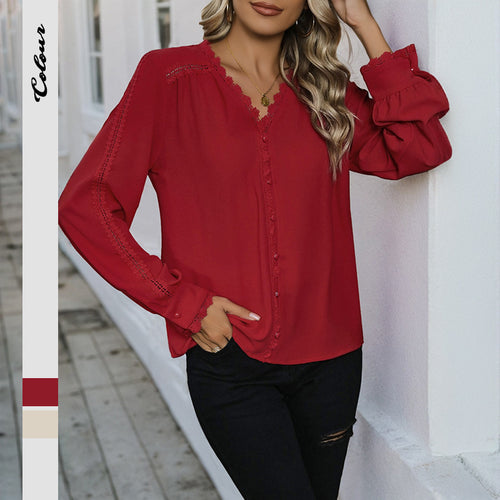 Damen Leichte ViskosShop Noryluse mit Spitzenbesatz, V-Ausschnitt und dekorativer Knopfleiste Shop Nory