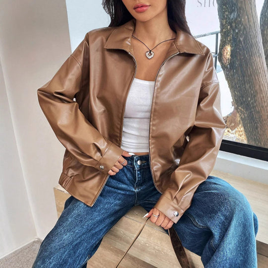 Damen Oversized Kunstleder-Blouson mit Reißverschluss und Hemdkragen Shop Nory