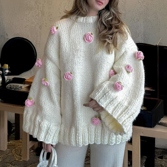 Damen nan Oversize-Strickpullover mit 3D-Blütenapplikationen und weiten Trompetenärmeln Shop Nory