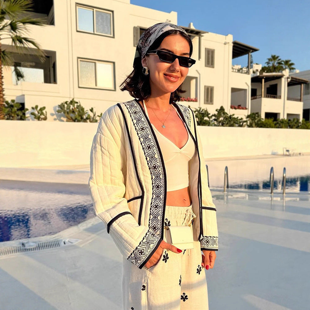 Damen Gestepptes Kimono-Cardigan mit geometrischer Stickbordüre Shop Nory