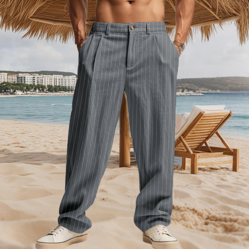 Herren nan weite Nadelstreifen-Sommerhose mit Bundfalte, lässigem Taper und elastischem Knöchelabschluss
