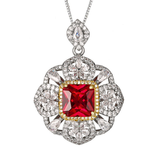 Aufwendige florale Halo-Anhängerhalskette mit simulated quadratischem Edelstein und Pavé-Zirkonia-Akzenten
