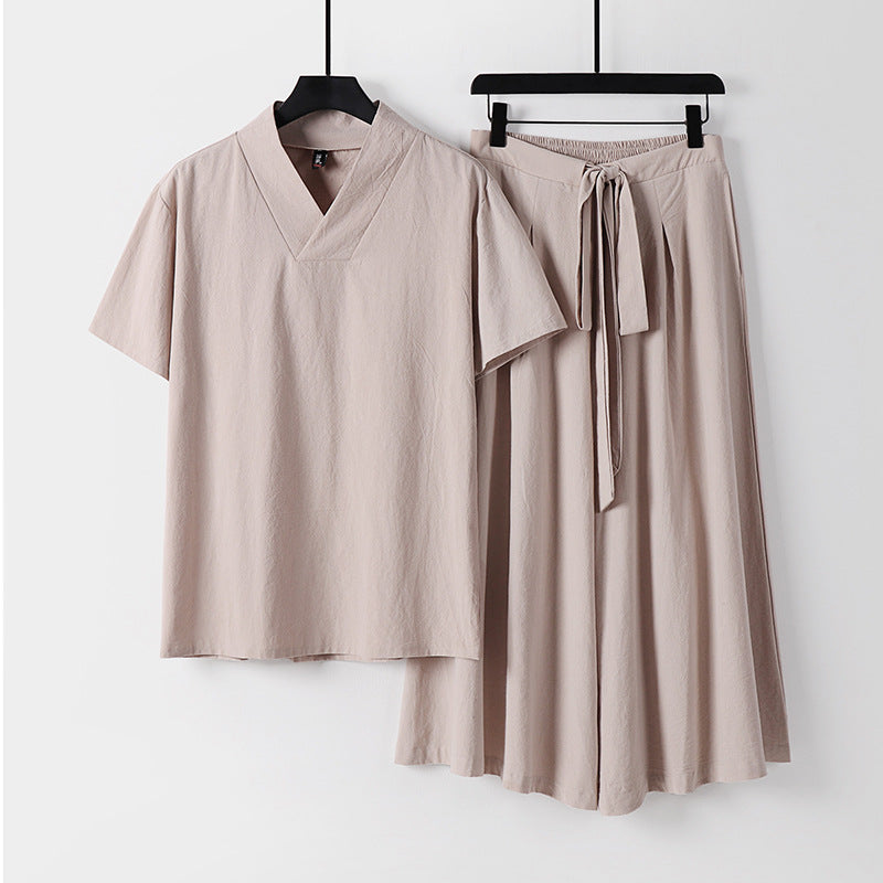 Damen Leichtes Loungewear-Set mit V-Ausschnitt-Shirt und weit schwingendem Midirock mit Kordelzug Shop Nory