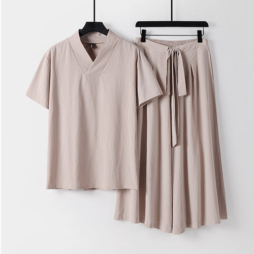 Damen Leichtes Loungewear-Set mit V-Ausschnitt-Shirt und weit schwingendem Midirock mit Kordelzug Shop Nory