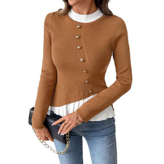 Damen Figurbetonter Strickpullover mit asymmetrischer Knopfleiste und Plissee-Layer Shop Nory