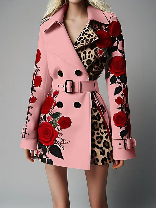 Damen Taillierter Trenchcoat mit Rosenprint und Leoparden-Innenfutter Shop Nory