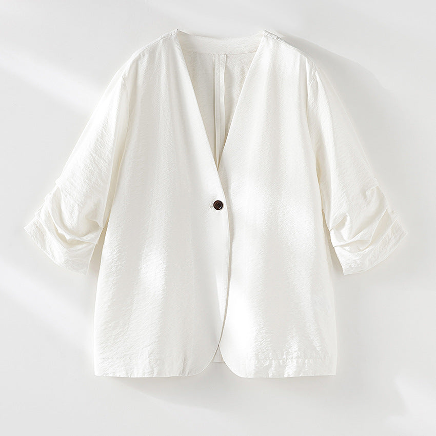 Damen Leichter Oversize-Blazer mit V-Ausschnitt, Ein-Knopf-Verschluss und gerafften Dreiviertelärmeln Shop Nory