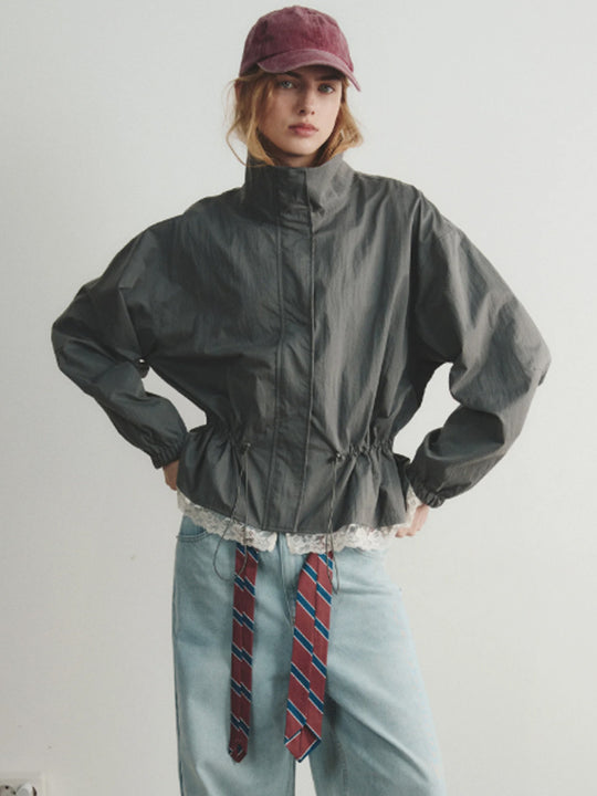 Damen Oversize-Windjacke mit hohem Stehkragen, Tunnelzug-Taille und elastischen Bündchen Shop Nory