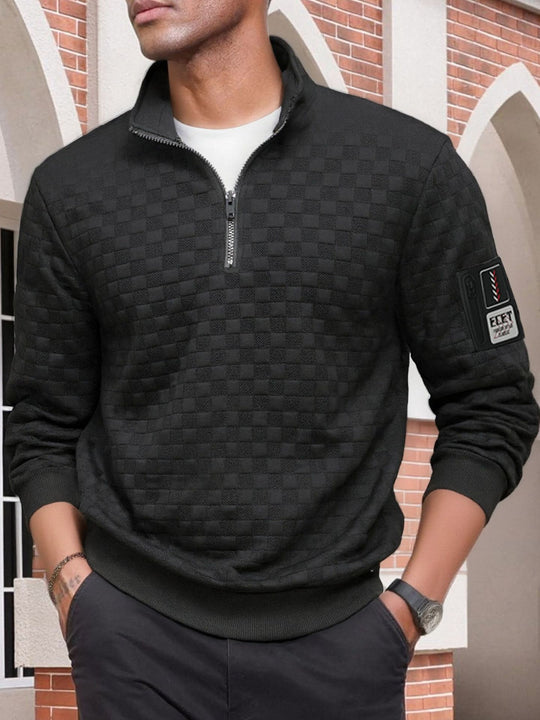 Herren strukturierter Stehkragen-Halbzip-Pullover mit Karosteppung, elastischen Bündchen und Ärmel-Patch Shop Nory