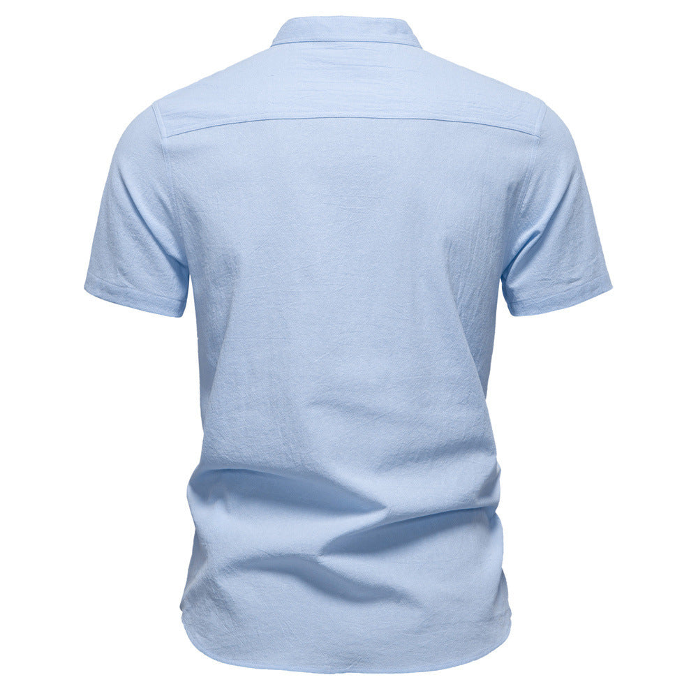 Herren nan lässiges Kurzarmshirt mit Stehkragen, halber Knopfleiste und leicht strukturierter Baumwoll-Leinen-Qualität