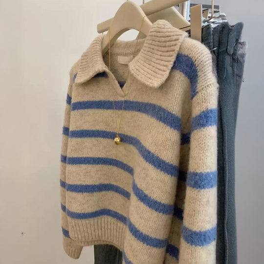 Damen nan kuscheliger Oversize-Strickpullover mit Polokragen und breiten Streifen Shop Nory