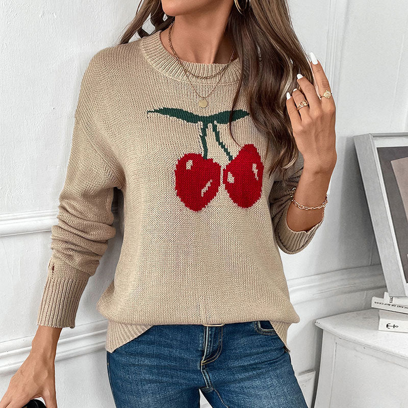 Damen Strickpullover mit Kirschen-Intarsie, Rundhalsausschnitt und legerem Oversize-Schnitt Shop Nory