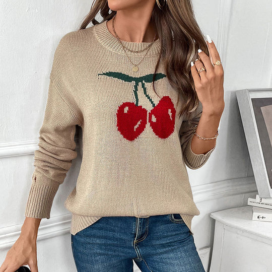 Damen Strickpullover mit Kirschen-Intarsie, Rundhalsausschnitt und legerem Oversize-Schnitt Shop Nory