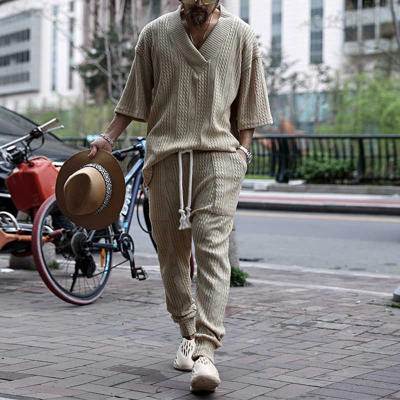 Herren Grobgestricktes Lounge-Set mit tiefem V‑Ausschnitt und Kordelzug-Jogger Shop Nory