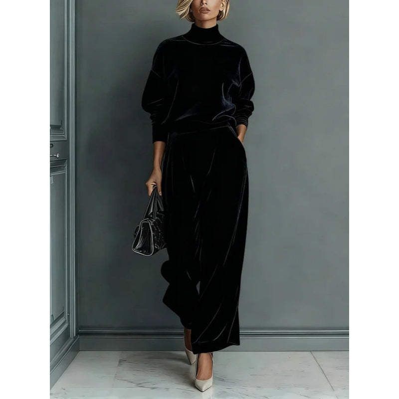 Damen Zweiteiliges Samt-Loungewear-Set mit Stehkragen und Plissee-Palazzohose Shop Nory