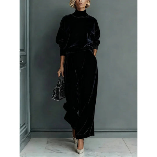 Damen Zweiteiliges Samt-Loungewear-Set mit Stehkragen und Plissee-Palazzohose Shop Nory
