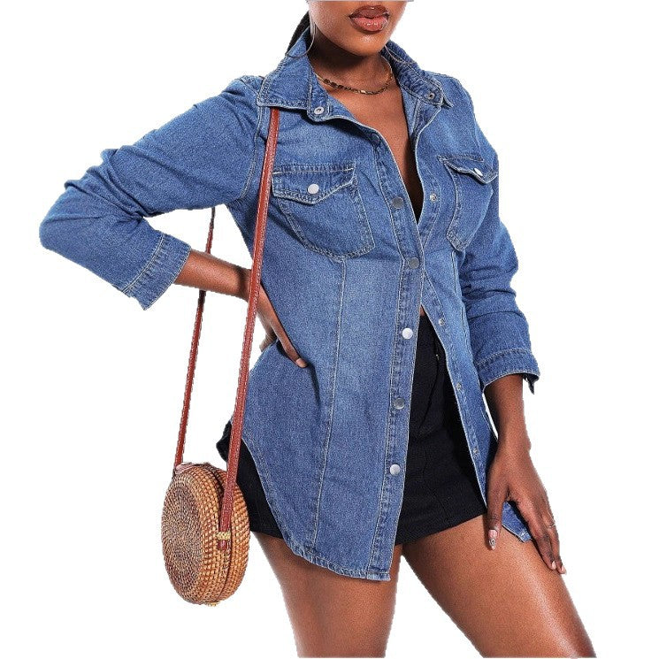 Damen tailliertes Denim‑Hemd mit Pattentaschen und Druckknopf‑Front Shop Nory