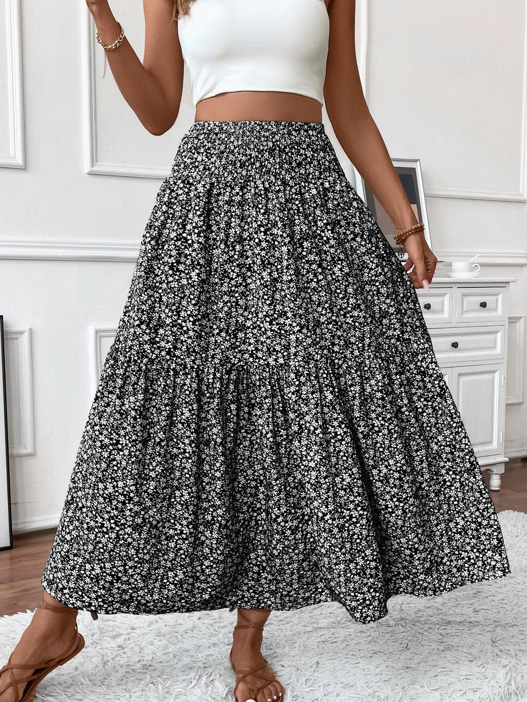 Damen Langer Rock mit floralem Print und elastischem Bund