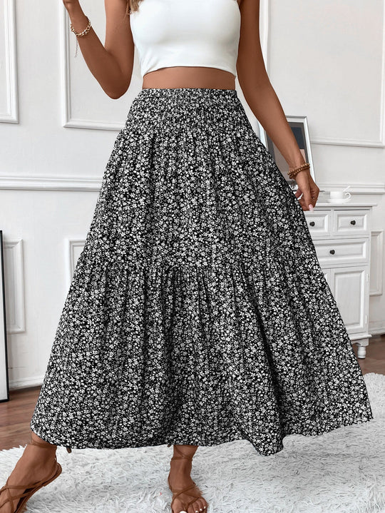 Damen Langer Rock mit floralem Print und elastischem Bund