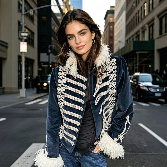 Damen Samt‑Militärjacke mit Zierriegeln und Federbesatz Shop Nory