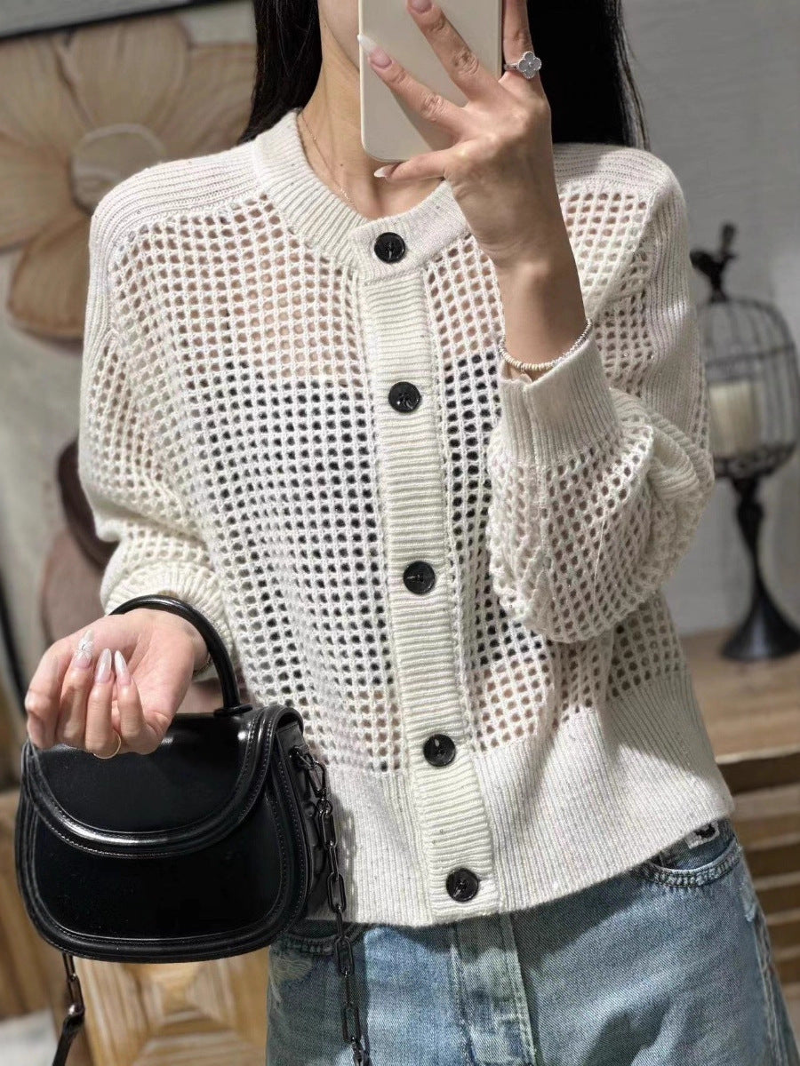 Damen Lockerer Mesh‑Cardigan mit Gitter‑Ajour, Rundhalsausschnitt und Knopfleiste Shop Nory