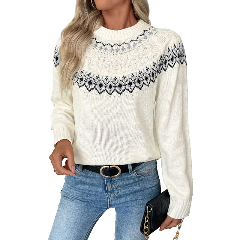 Damen Gemusterter Strickpullover mit Rundhalsausschnitt Shop Nory