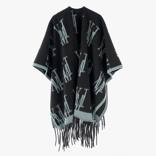 Damen Oversize-Monogramm-Capeponcho aus Wollmix mit Fransensaum Shop Nory