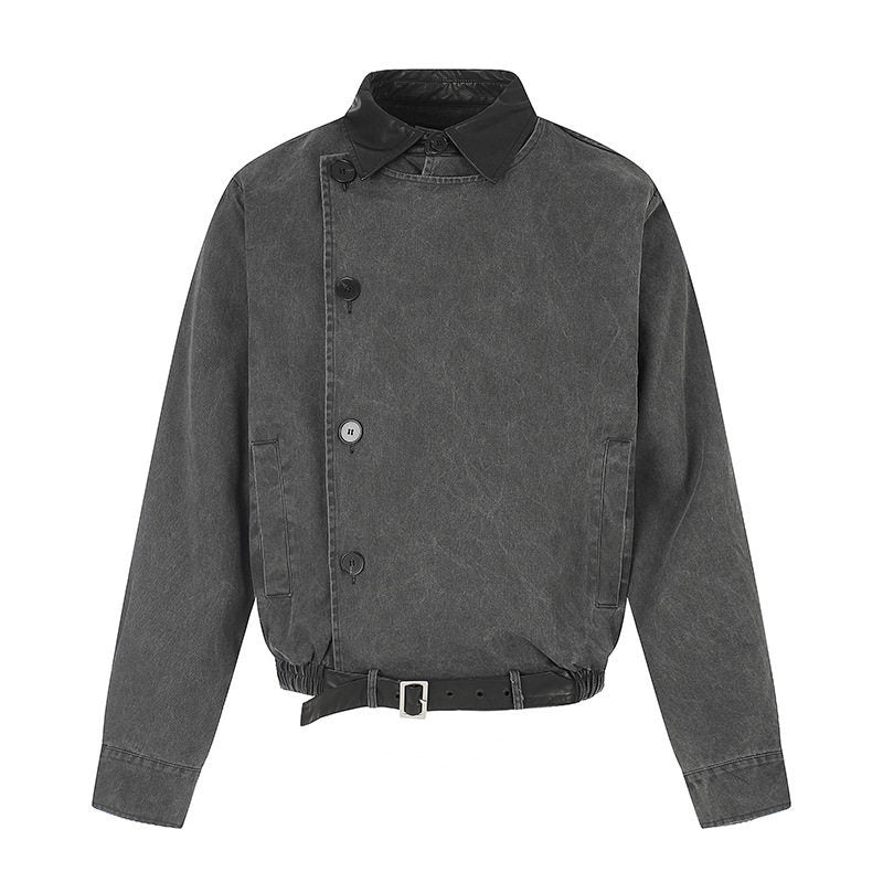 Herren Asymmetrische Canvas-Bomberjacke mit Lederriemen und Stehkragen Shop Nory