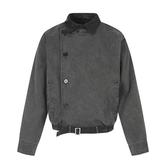 Herren Asymmetrische Canvas-Bomberjacke mit Lederriemen und Stehkragen Shop Nory