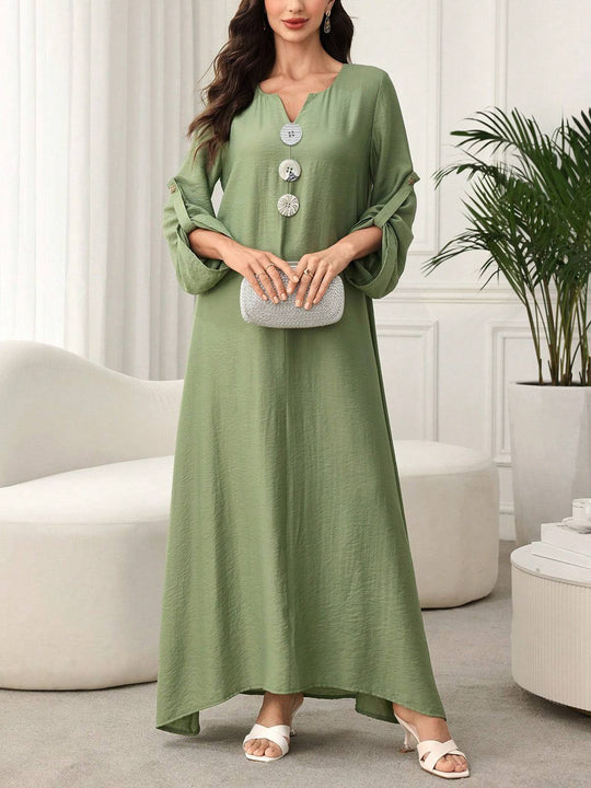 Damen Maxikleid mit Zierknöpfen, V-Ausschnitt und krempelbaren 3/4-Ärmeln Shop Nory