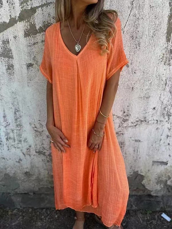 Damen lässiges Maxikleid aus leichtem Stoff mit V-Ausschnitt und kurzem Arm