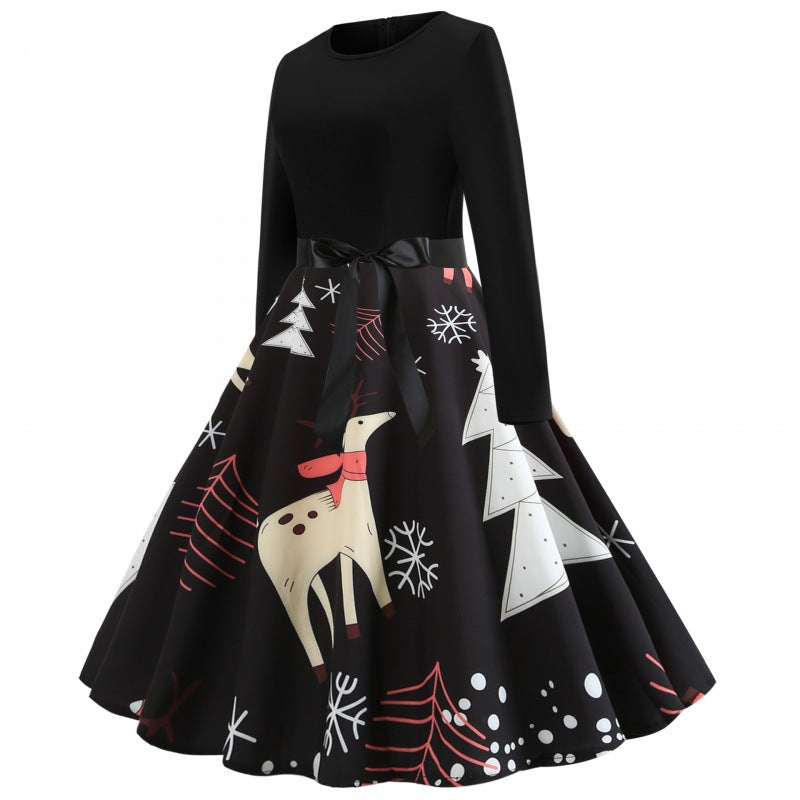 Damen festliches A-Linien Kleid mit weihnachtlichem Rentier-Print und Satin-Taillenband Shop Nory