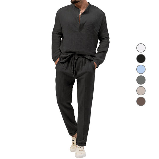 Herren Lässiges Zweiteiliges Lounge-Set aus Baumwoll-Gauze mit Henley-Oberteil und Tunnelzug-Hose Shop Nory