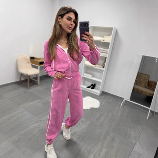 Damen Cord-Jogginganzug mit Kapuze, seitlichen Kontraststreifen, Tunnelzug und elastischen Saumbündchen Shop Nory