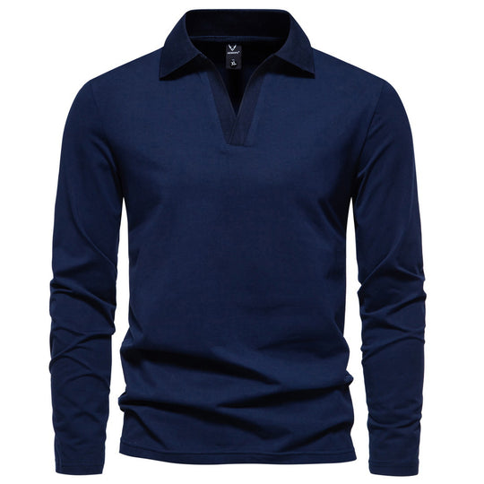 Herren Langarm-Polo mit offenem V-Ausschnitt, feinem Rippenkragen und schmaler Silhouette Shop Nory
