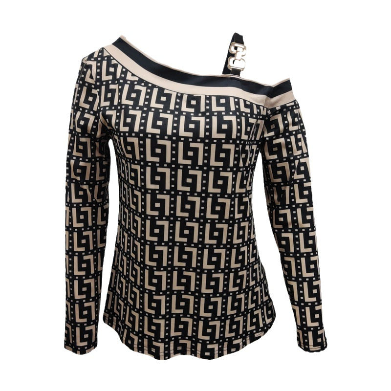 Damen Asymmetrisches Longsleeve mit One-Shoulder, Ziergurt und geometrischem Allover-Print Shop Nory