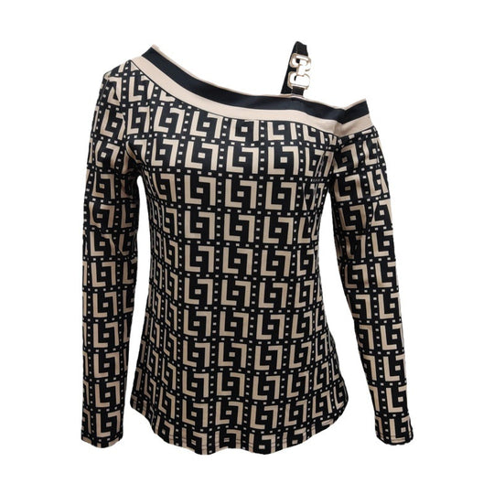 Damen Asymmetrisches Longsleeve mit One-Shoulder, Ziergurt und geometrischem Allover-Print Shop Nory