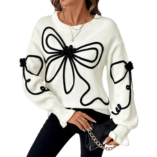 Damen Strickpullover mit kontrastierter Kordelblumenapplikation und Rippbündchen Shop Nory