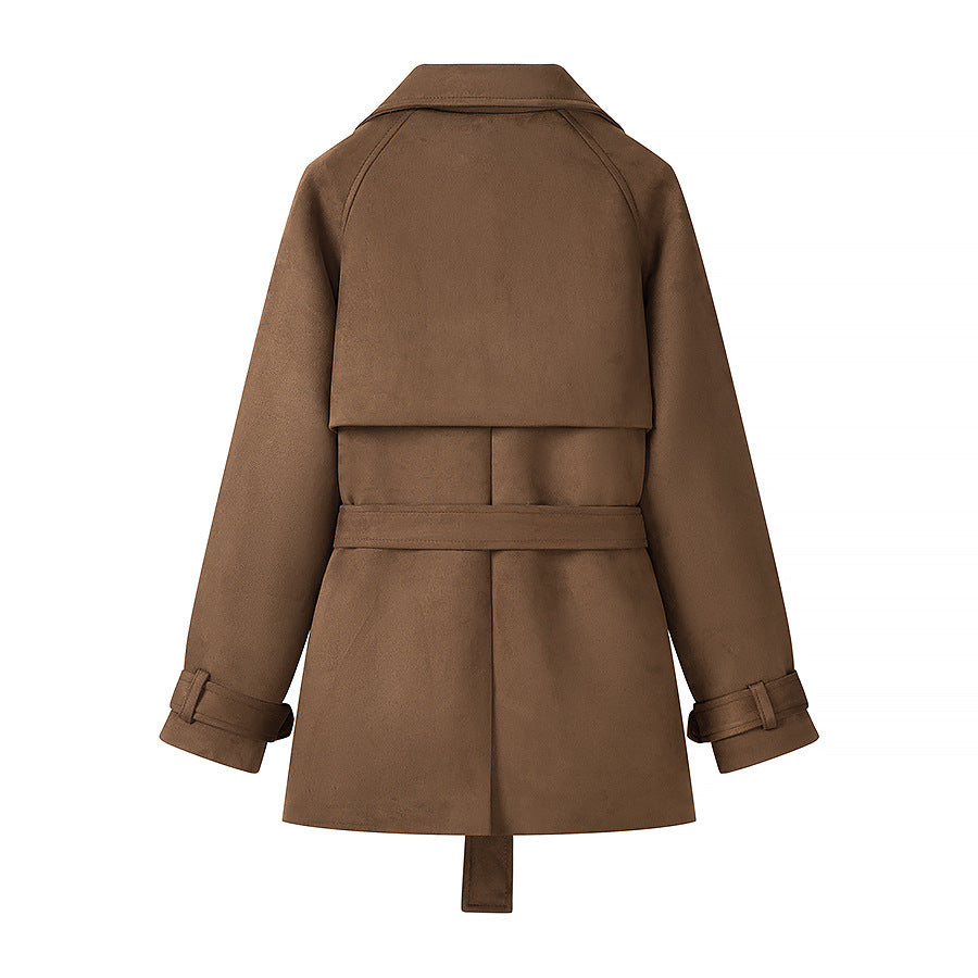 Damen Kurzer Wildleder-Trenchcoat mit Doppelreihe und Taillengürtel Shop Nory