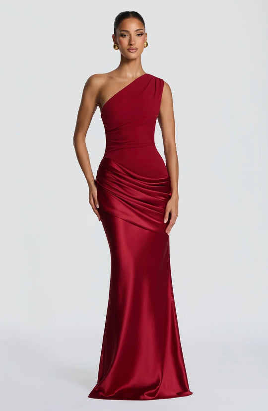 Damen elegantes asymmetrisches Satin-Abendkleid mit Drapé-Design ShopNory