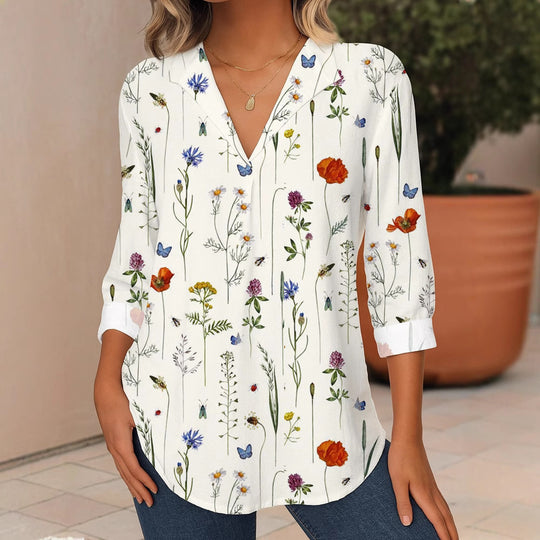 Damen Florale V-Ausschnitt Tunika-Bluse mit dreiviertel-Ärmeln und abgerundetem Saum Shop Nory