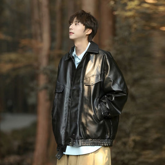 Herren Oversized Kunstleder Bomberjacke mit Pattentaschen Shop Nory