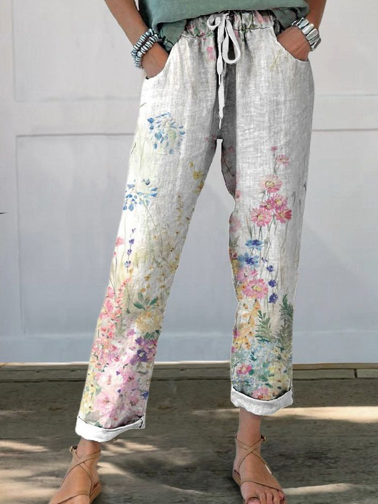 Damen Leinenoptik-Hose mit floralem Print, weitem Bein und Tunnelzug Shop Nory